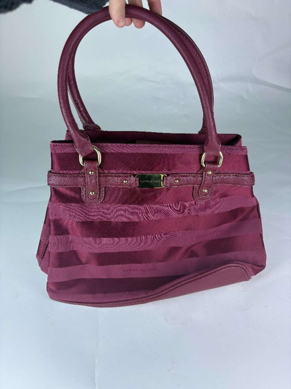 Tommy Hilfiger Burgundy Striped Logo Satchel Tote Bag
